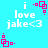 Pixelated cyan background with white text 'i love jake<3' and pink square-dot animations in four corners.