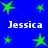 Blue background with green star shapes and repeated white text reading "Jessica" in two
