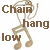 Pixelated brown text 'Chain hang low' overlays a stylized figure with musical note-shaped feet on white background.