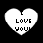 Four white heart-shaped icons with black text "I LOVE YOU!" arranged in a on a black background, each displaying slight variations in pixelation and spacing