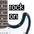 Pixelated black-and-white icon with 'rock' and 'on' text blocks, a curved dark cable-like shape on the right, and a pixelated vertical pattern on the left.