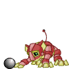 Red and yellow robotic creature with green eyes, antennae, and four limbs extends its right arm toward a silver sphere on white background.