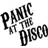 Two side-by-side animated frames of a black-and-white logo for Panic at the Disco displayed on white and black backgrounds respectively, with pixelated text rendering.