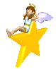 A cartoon angel with brown hair and a golden halo sits on a large yellow star, holding white wings with both hands, against a gray background.