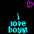 Pixelated cyan text 'i love boys!' appears twice on black background with pink heart above, each instance showing slight vertical pixel shift between observations.