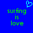 Blue background with green pixelated text reading 'surfing is love' and a light blue pixelated heart symbol above the text.