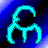 Pixelated cyan symbol with curved and angular lines on a blue-to-black gradient background, featuring subtle pixel noise.