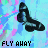identical black-and-white cartoon feet icons with 'FLY AWAY' text below each, set against a blue and pink pixelated background