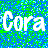 Static 48x48 pixel icon with blue and green dithered background featuring white text reading 'Cora' in a bold, rounded font.