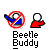 Pixelated buddy with red-and-blue crossed-out symbols, white speech bubbles containing text like "AH YES," and repeated "Beetle Buddy" labels below each