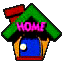 Pixelated cartoon house icon with green roof, red chimney, blue door, and pink text "HOME" displayed in two slightly different animation frames side-by-side.