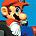 Pixelated icon of a character with brown hair, black eyes, and a mustache wearing an orange hat and red shirt against blue background.