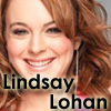 A close-up portrait of a smiling person with light brown wavy hair, wearing a red garment with visible straps, and overlaid with black text reading "Lindsay Lohan".