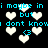 Pixelated cyan text repeats 'i maybe in i maybe in but dont know dont know' over black background with white heart shapes and blue emoticons.