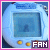 Pixelated blue Tamagotchi-like device with two yellow buttons, a central screen showing faint pixel shapes, and 'FAN' text in white on dark purple at bottom right.
