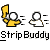 A contact sheet of two animated frames showing a yellow stick figure with a flag and white stick figures, alongside text promoting 'badassbuddy.com' for StripBuddy icons.
