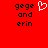 Red background with black pixelated text 'gege and erin' on both sides of a white heart symbol.