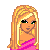 Pixel art of a blonde woman in pink and silver clothing with a pink star covering her face, labeled 'Sarah' in black text.