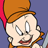 Pixelated cartoon character with orange hat and pipe, light skin tone, wide eyes, smiling mouth, red ear visible against blue background.