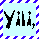 Pixelated icon with four light blue on a diagonal striped background, displaying symbols and text fragments