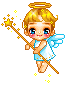 Pixelated angel with blonde hair, blue eyes, and a halo holds a golden staff with a star tip, wearing a light blue dress and white wings against a gray background.