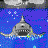 Animated shark head emerges from blue water with white bubbles, mouth opens wide to show teeth, then closes into a neutral expression, and finally dips below the surface.