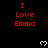 Red text 'I Love Emma' repeated across black background with white pixelated hearts, gray rectangle at bottom right.