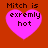 Four identical pixelated pink hearts on a solid red background, each containing the text "Mitch is exremly hot" in black block letters.