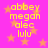 A static image with a bright pink background filled with orange stars, displaying four identical vertical of yellow text reading abbey, megan, alec, lulu