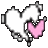 Two pixelated heart-shaped icons with attached smaller hearts, one white and pink on left, the other pink and white on right.