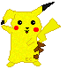 Pixelated yellow cartoon character with red cheeks, black-tipped ears, brown tail stripes, and a raised arm pose against gray background.