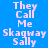 Four display the text "They Call Me Skagway Sally" in pixelated white font against solid blue, purple, pink, and light purple backgrounds