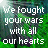 Animated text-based icon with green background showing repeated phrases 'we fought your wars with all our hearts' and 'You sent us back in body parts', some words highlighted in cyan.