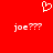 Red background with white pixelated heart symbol above two identical text strings reading 'joe???' in lowercase.