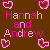 Brown background with four pink pixelated heart icons and text reading 'Hannah and Andrew' in alternating light and dark pink.