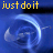 Animated sequence of blue-tinted brain images with yellow text 'just doit-' and varying symbols below each frame.