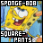 Two side-by-side animated frames of a pixelated Spongebob Squarepants character with text overlays, showing slight color variations between the left and right panels.