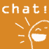 Orange background with white pixelated text and a smiling face icon, featuring 'chat!' on the left and 'AQUI' on the right.