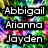 Three names displayed in white pixelated text on black rectangular backgrounds against a colorful pixelated backdrop.