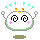 Pixelated cartoon character with white face, green border, and orange antennae; two expressions show closed eyes with pink blush and open eyes with red mouth.