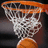 Pixelated basketball hoop with orange rim and white net, featuring a partially visible orange ball below the net against dark background.