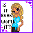 Pixel art of a blonde woman in a blue top and black skirt with text variations on a white background bordered by purple and blue stars.