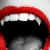 A four- with a mouth, text blocks, and color fields; red lips frame teeth and tongue in top-left, black background holds red-and-white text on top-right, red field displays 'sorry 'bout that!!' below left
