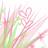 Pixelated pink and green floral design with abstract curved lines and scattered green accents on white background.