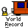 Animated contact sheet showing 13 frames of a cartoon train icon with a running stick figure, each frame displaying "World Record" text below the train on gray background.