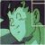 Pixelated green and white figure with indistinct facial features against dark background