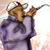 A pixelated figure in a purple robe with a brown animal head wearing a white helmet, holding a long object horizontally.