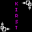 Pixelated animation of white geometric shapes and purple text on black background, with repeated 'KIRST' vertical text.