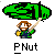 Pixel art of a character with brown hair holding a green parachute, wearing blue and green clothing, standing under the text "PNut" on gray background.