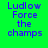 Four display 'Ludlow Force the champs' text in blue pixelated font against green, olive, red, and olive backgrounds